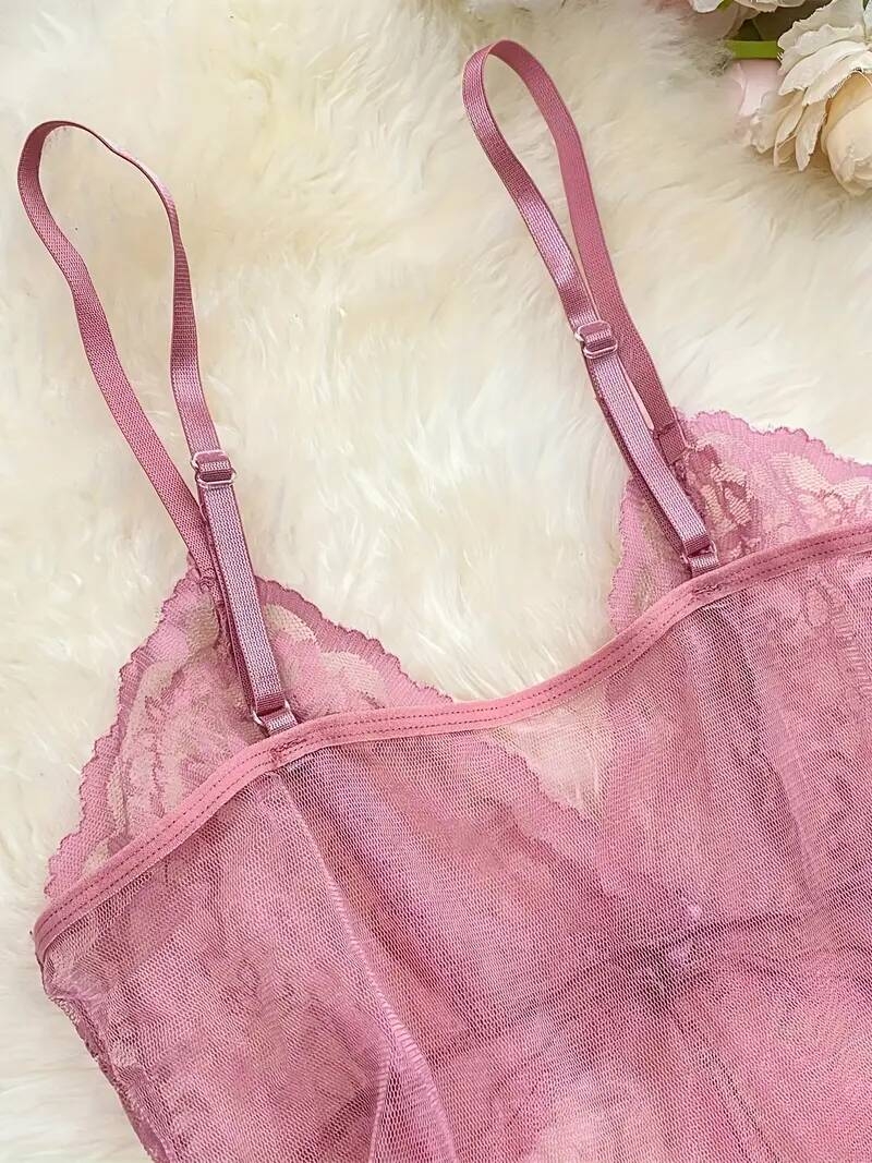 robe slip   en   transparente avec détails en dentelle - ensemble de nuit sexy à volants pour femmes, inclut un string  ,   de polyester respirant 3