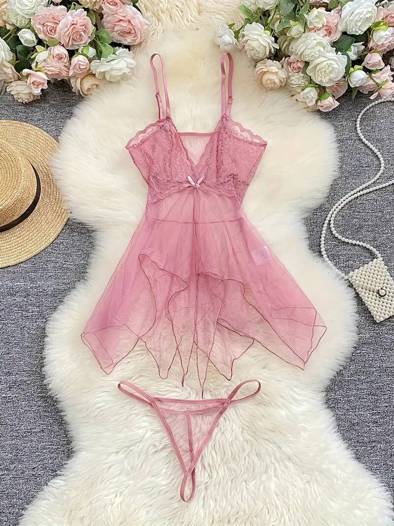 robe slip   en   transparente avec détails en dentelle - ensemble de nuit sexy à volants pour femmes, inclut un string  ,   de polyester respirant 0
