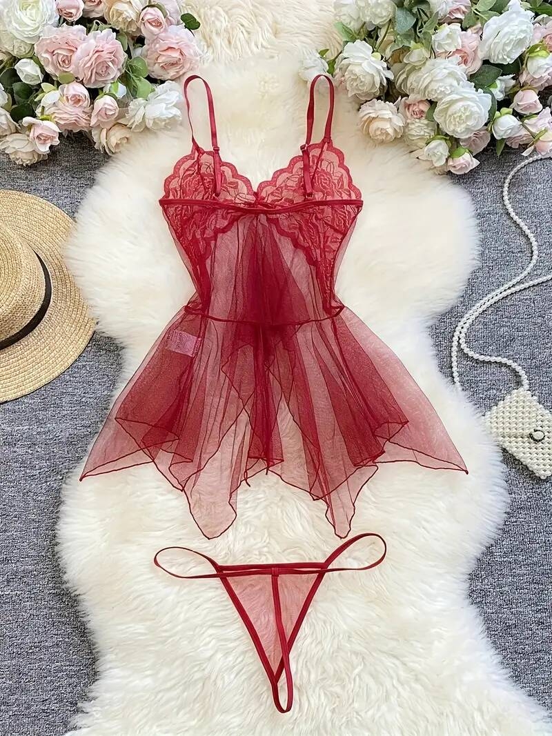 robe slip   en   transparente avec détails en dentelle - ensemble de nuit sexy à volants pour femmes, inclut un string  ,   de polyester respirant 1