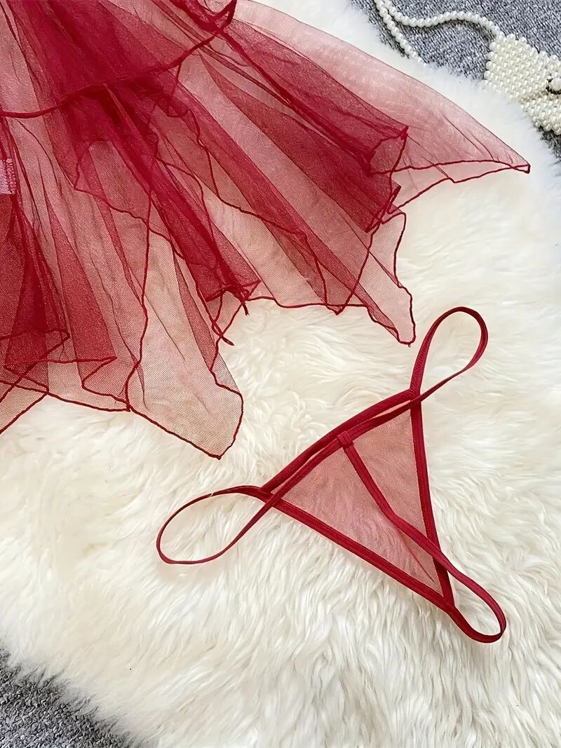 robe slip   en   transparente avec détails en dentelle - ensemble de nuit sexy à volants pour femmes, inclut un string  ,   de polyester respirant 4