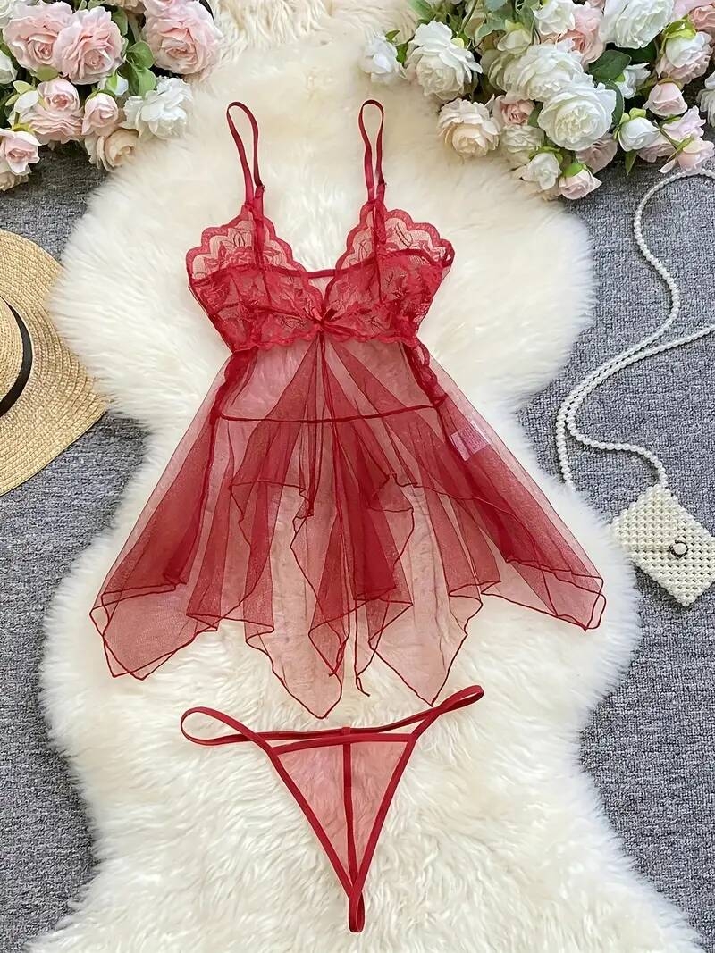 robe slip   en   transparente avec détails en dentelle - ensemble de nuit sexy à volants pour femmes, inclut un string  ,   de polyester respirant 0