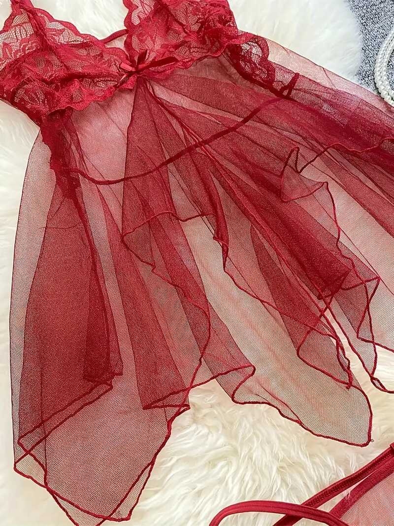 robe slip   en   transparente avec détails en dentelle - ensemble de nuit sexy à volants pour femmes, inclut un string  ,   de polyester respirant 2