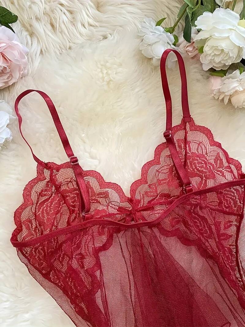 robe slip   en   transparente avec détails en dentelle - ensemble de nuit sexy à volants pour femmes, inclut un string  ,   de polyester respirant 3