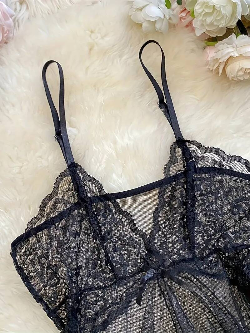 robe slip en transparente avec détails en dentelle - ensemble de nuit sexy à volants pour femmes, inclut un string , de polyester respirant 4