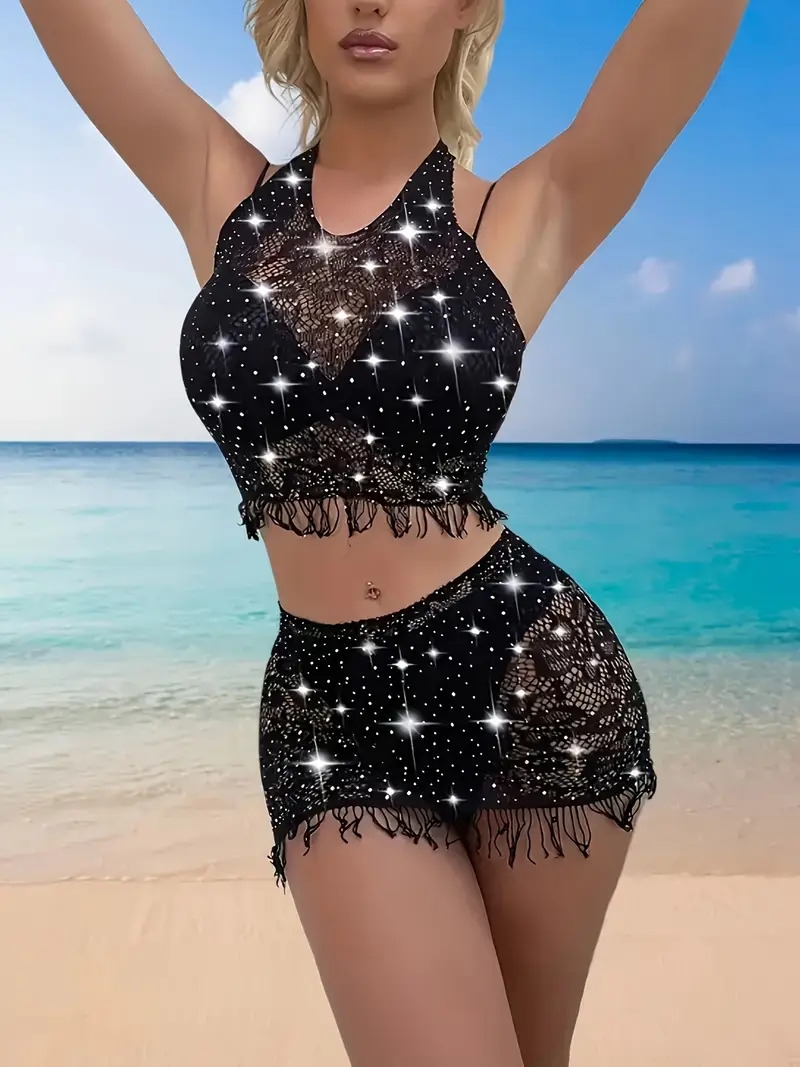 ensemble de lingerie en dentelle noire sexy pour femme - soutien-gorge halter & jupe taille haute, design transparent et  ,   de nylon, lavable à   1