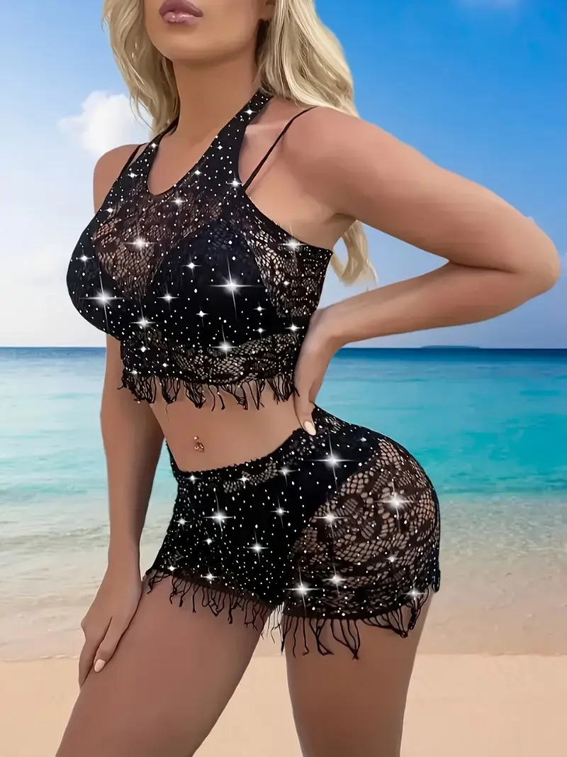 ensemble de lingerie en dentelle noire sexy pour femme - soutien-gorge halter & jupe taille haute, design transparent et  ,   de nylon, lavable à   3