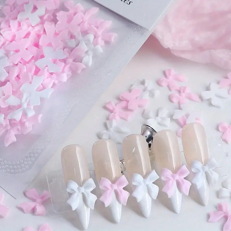 50/100pcs Breloques 3D nœud papillon pour Nail Art, Mélange Rose & Blanc, Accessoires Mignons pour Nail Art DIY, Décoration de Bijoux en Résine Douce pour Bricolage détails 0