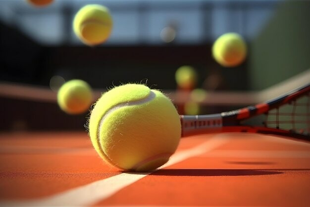 Une Balle De Tennis Est Sur Le Terrain Avec Une Raquette Dessus. - Photo  Premium