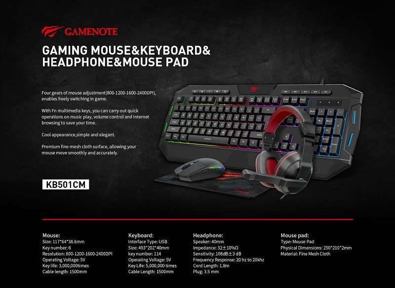 HAVIT Ordinateur 4 en 1 Jeu Combo rétro-éclairé Clavier multimédia Souris RGB Casque et Tapis De Souris Ensemble Personnalisé KB501CM