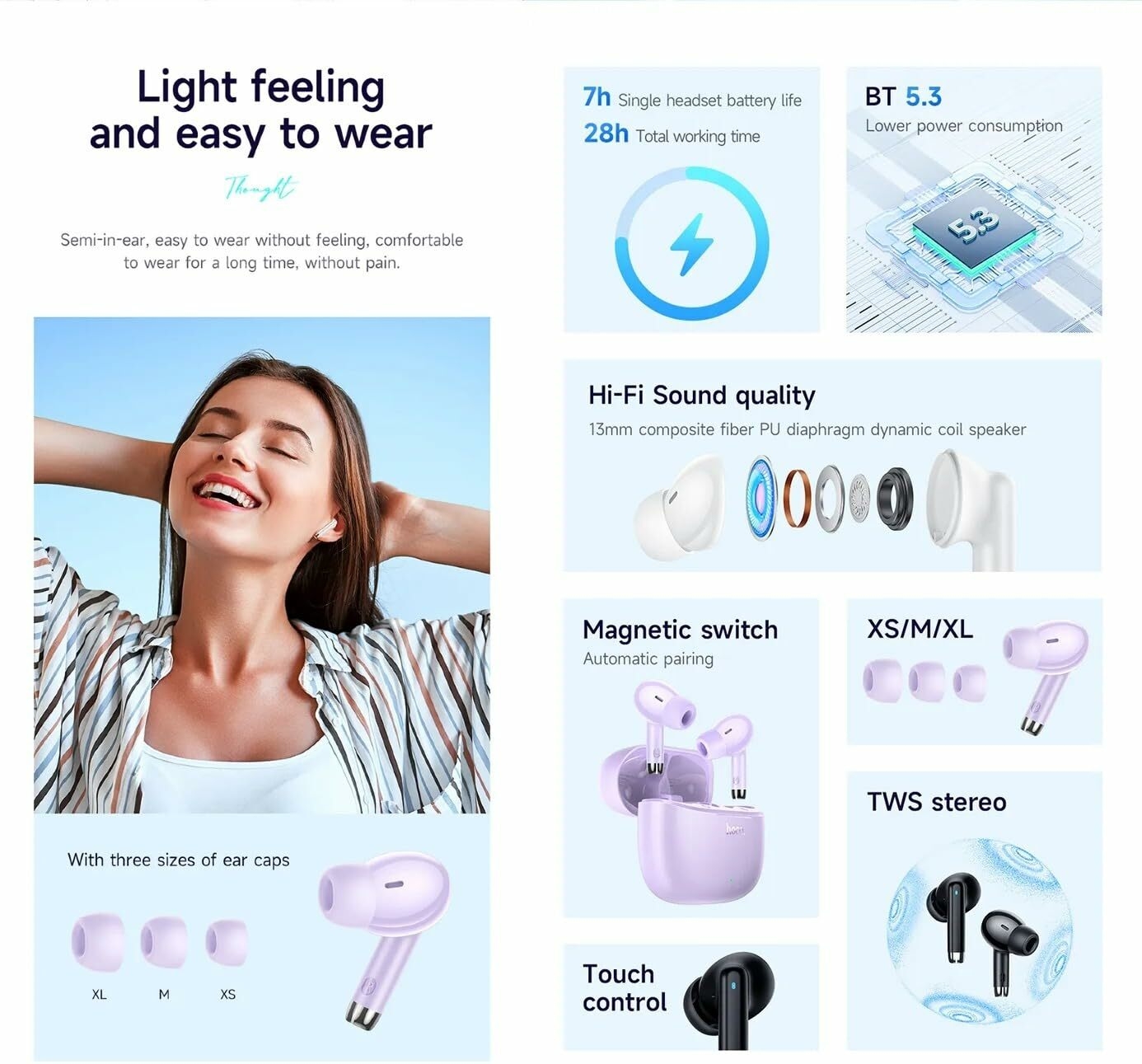 Marketing image showing the light feeling and easy to wear design, with different ear cap sizes (XS, M, XL) and a diagram of the BT 5.3 chip.