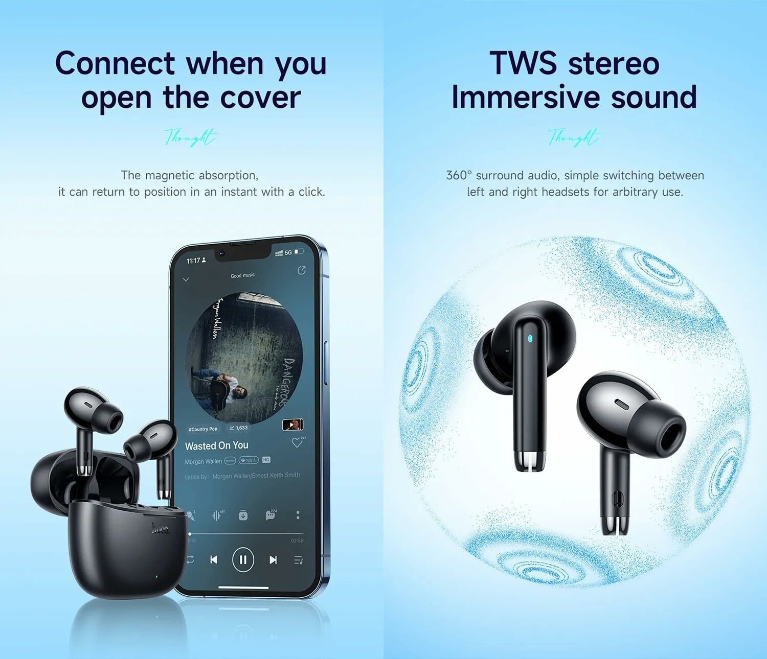 Marketing image showing the HOCO EQ2 earbuds connecting to a smartphone when the case is opened, and a diagram illustrating TWS immersive sound.