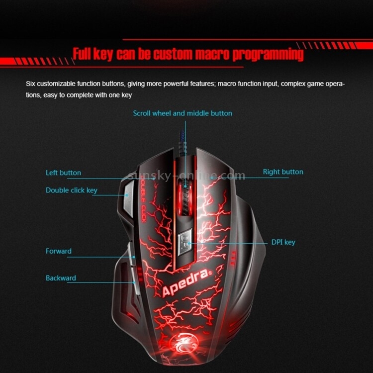 SUNSKY - Apedra iMICE A7 Souris de jeu haute précision LED Lampe  respiratoire contrôlée à quatre couleurs USB 7 boutons Souris de jeu  optique filaire 3200 DPI pour ordinateur PC portable (noir)