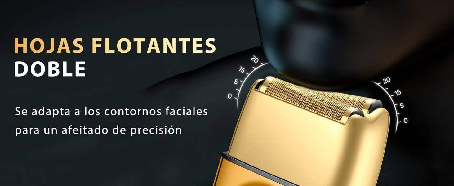 Machine électrique de couleur dorée avec deux cabezales flottantes avec le texte «HOJAS FLOTANTES» qui indique des cuchillas flottantes qui s'adaptent au contour du visage pour