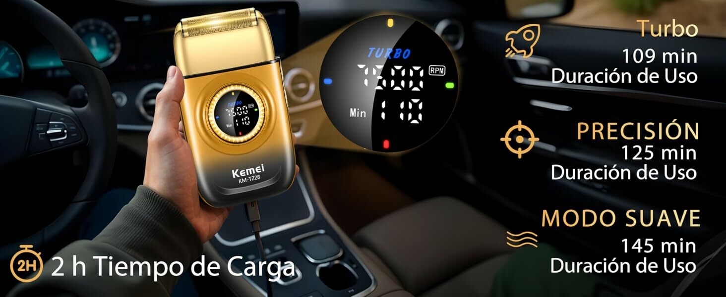 Or avec écran numérique. Les caractéristiques incluent le mode « Turbo » (109 min), le mode « PRECISIÓN » (125 min) et le « MODO SUAVE » (145 min). Le « Temps de chargement de 2 h » indique le temps de chargement