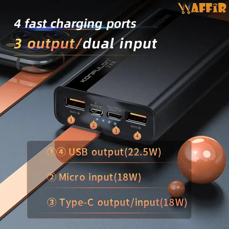 Konfulon Powerbank A16Q 22.5W Super rapide, pour Vivo 20000mah, QC3.0 VOOC PD, Charge rapide bidirectionnelle, pour iphone, série Huawei