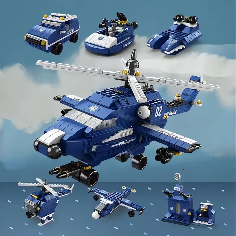 6 in 1 police helicopter building blocks set for kids creative diy assembly lele brother city police series interlocking plastic bricks educational toy for boys ages 6 8 details 0