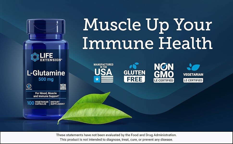 Amazon.com: Life Extension L-Glutamine, 500 mg L-glutamine, amino acid,  supports muscle health and immune health, gluten-free, non-GMO, 100  vegetarian capsules : Health & Household