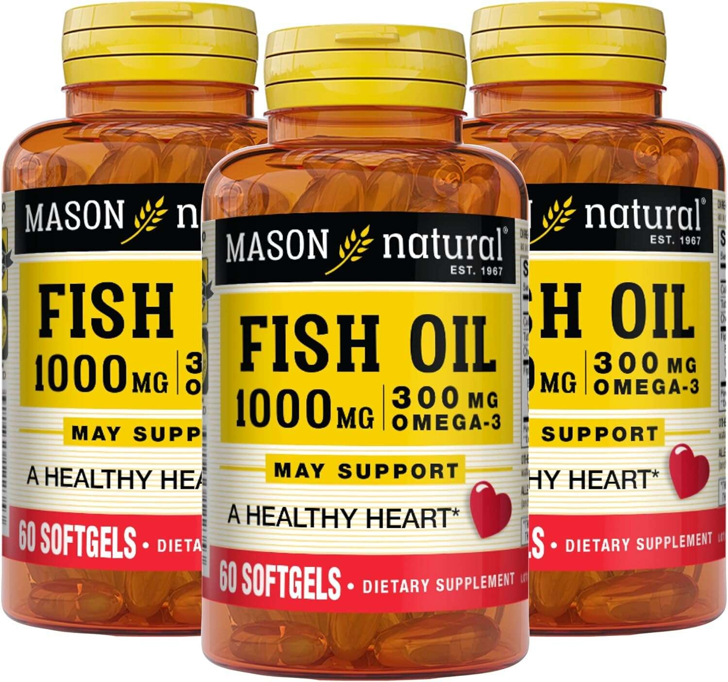 Buy Mason Natural Fish Oil 1,000 mg with 300 mg Omega-3, Healthy Heart,  Supports Circulatory Function, Improved Cardiovascular Health, 60 Softgels  Pack of 3 Online at Lowest Price in Ubuy India. B09XVNXNKB