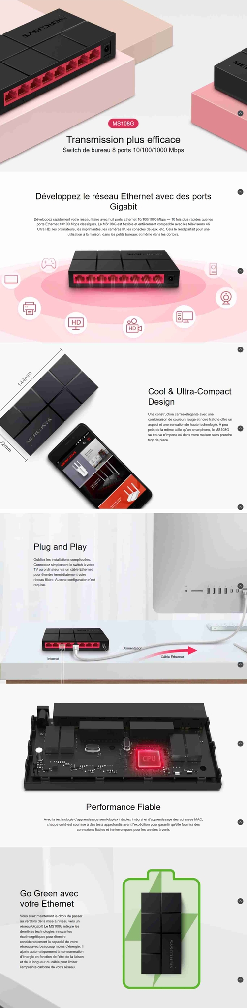 Mercusys MS108G Switch Ethernet Gigabit 8 ports 10/100/1000 Mbps – Bureau & SOHO 1 image