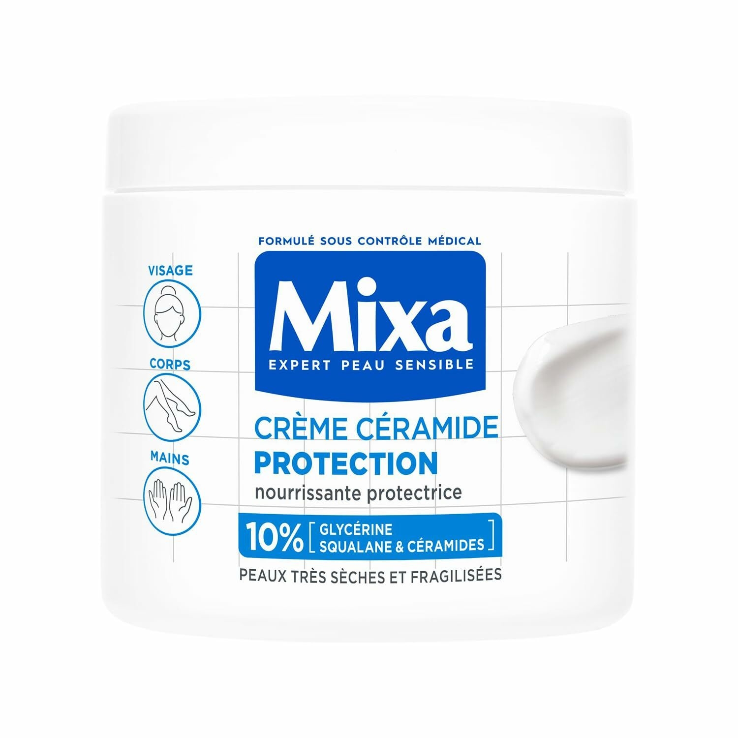 Mixa Expert Peau Sensible - Crème Céramide Protection - Anti-Sécheresse Sévère - Peaux Très Sèches et Fragilisées - Visage, Corps, Mains - Hypoallergénique - Sans Parfum - 400ml