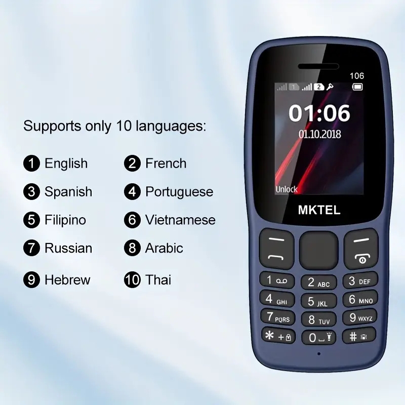 téléphone portable   106 avec écran de 1,77 , batterie de 800mah, radio fm double arrêt, lampe de poche, appareil photo de 0,08mb, compatible avec 10 langues : anglais | français | espagnol | portugais | filipino | vietnamien | russe | arabe | hébreu | thaï, réseau 2g, 2 emplacements pour sim, micro-usb, batterie rechargeable au lithium-polymère, téléphone portable, design compact, construction durable Détails du produit 3