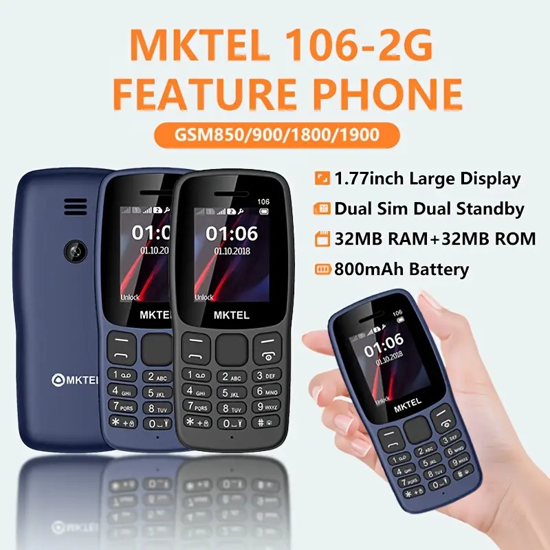 téléphone portable   106 avec écran de 1,77 , batterie de 800mah, radio fm double arrêt, lampe de poche, appareil photo de 0,08mb, compatible avec 10 langues : anglais | français | espagnol | portugais | filipino | vietnamien | russe | arabe | hébreu | thaï, réseau 2g, 2 emplacements pour sim, micro-usb, batterie rechargeable au lithium-polymère, téléphone portable, design compact, construction durable Détails du produit 1