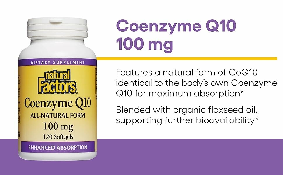 Amazon.com: Natural Factors, Coenzyme Q10 100 mg, Natural Coenzyme Q10 Supplement for Energy, Heart and Cognitive Support : Health & Household