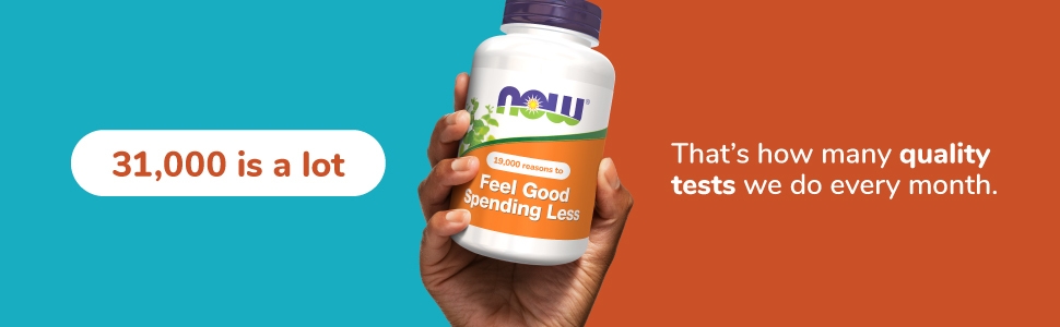 Image of NOW supplement bottle showcasing 31K quality tests per month
