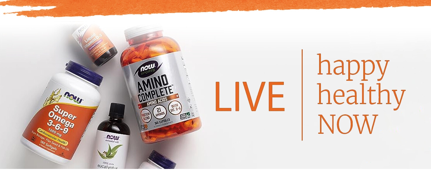 Produits placés sur fond gris_texte avec slogan Now foods