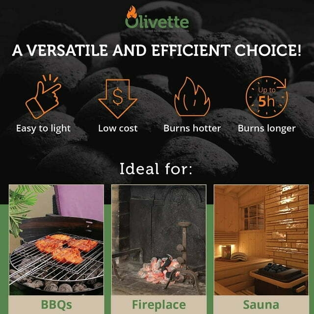 Olivette Organic Charcoal Briquettes USDA Organic Certified - 100% Recycled Olive Tree Byproducts Charcoal Briquettes - Grilling, Fireplace and Sauna Heat - 4-Bags Bulk Case, 26.4 lbs. Total