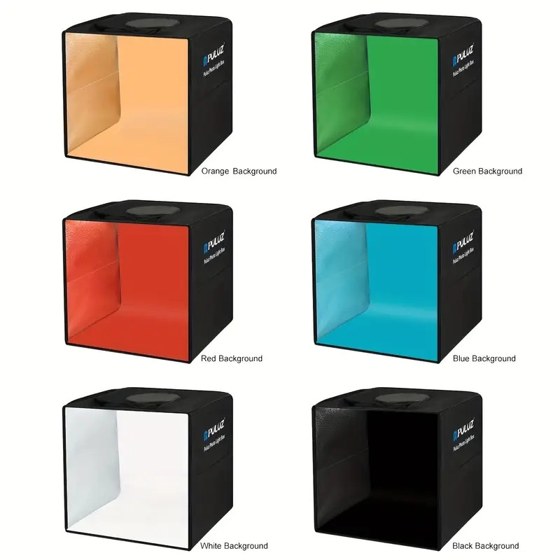 studio photo pliable portable   avec lumière danneau led cri 97+, alimenté par usb -   6 toiles de fond de couleur (noir/blanc/orange/rouge/vert/bleu) détails 2