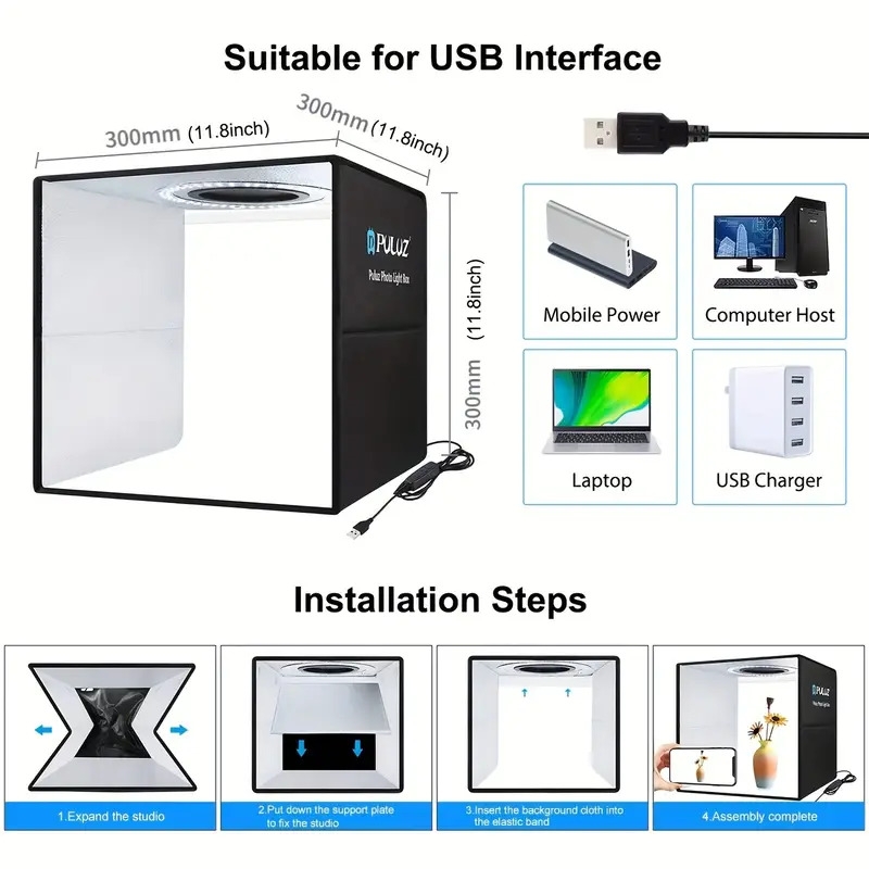 studio photo pliable portable   avec lumière danneau led cri 97+, alimenté par usb -   6 toiles de fond de couleur (noir/blanc/orange/rouge/vert/bleu) détails 4