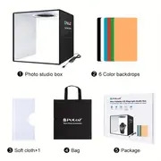studio photo pliable portable   avec lumière danneau led cri 97+, alimenté par usb -   6 toiles de fond de couleur (noir/blanc/orange/rouge/vert/bleu) détails 1