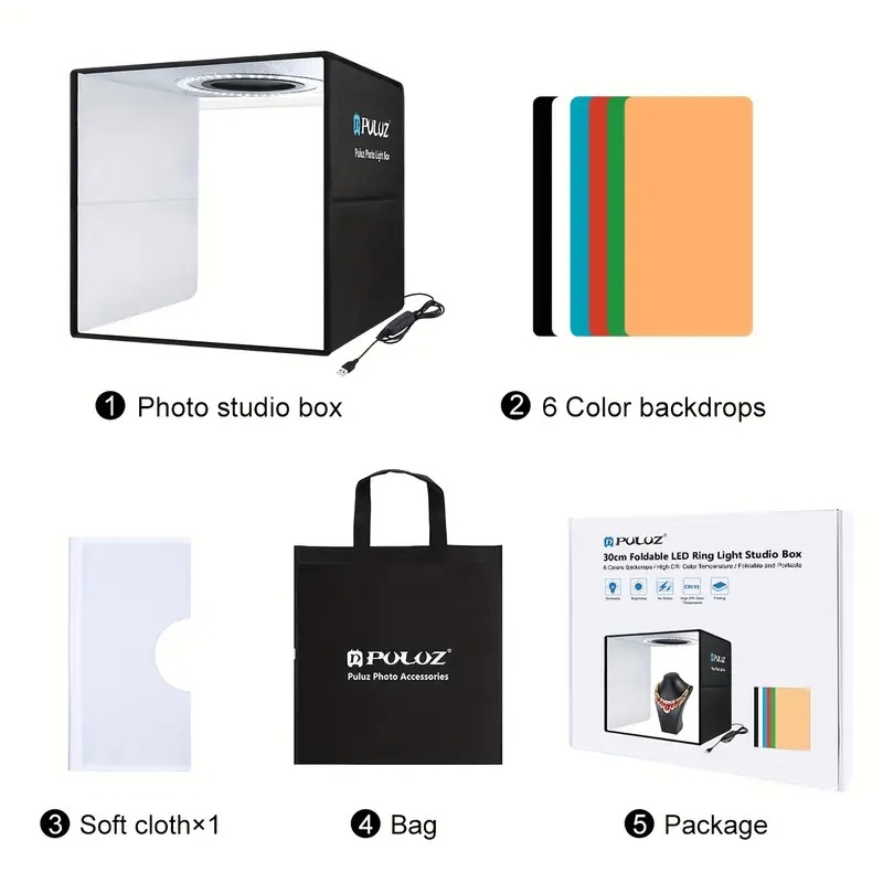 studio photo pliable portable   avec lumière danneau led cri 97+, alimenté par usb -   6 toiles de fond de couleur (noir/blanc/orange/rouge/vert/bleu) détails 1