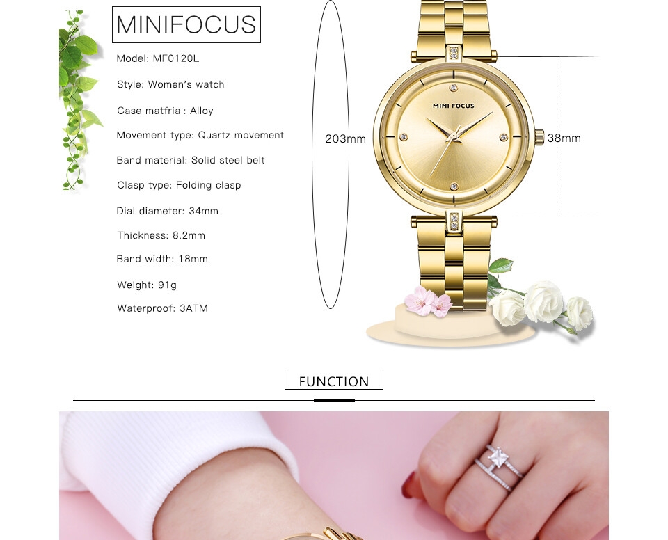 Mini Focus 0120 Elegant Ladies Quartz Wristwatches Diamond Waterproof Classic Woman Watch