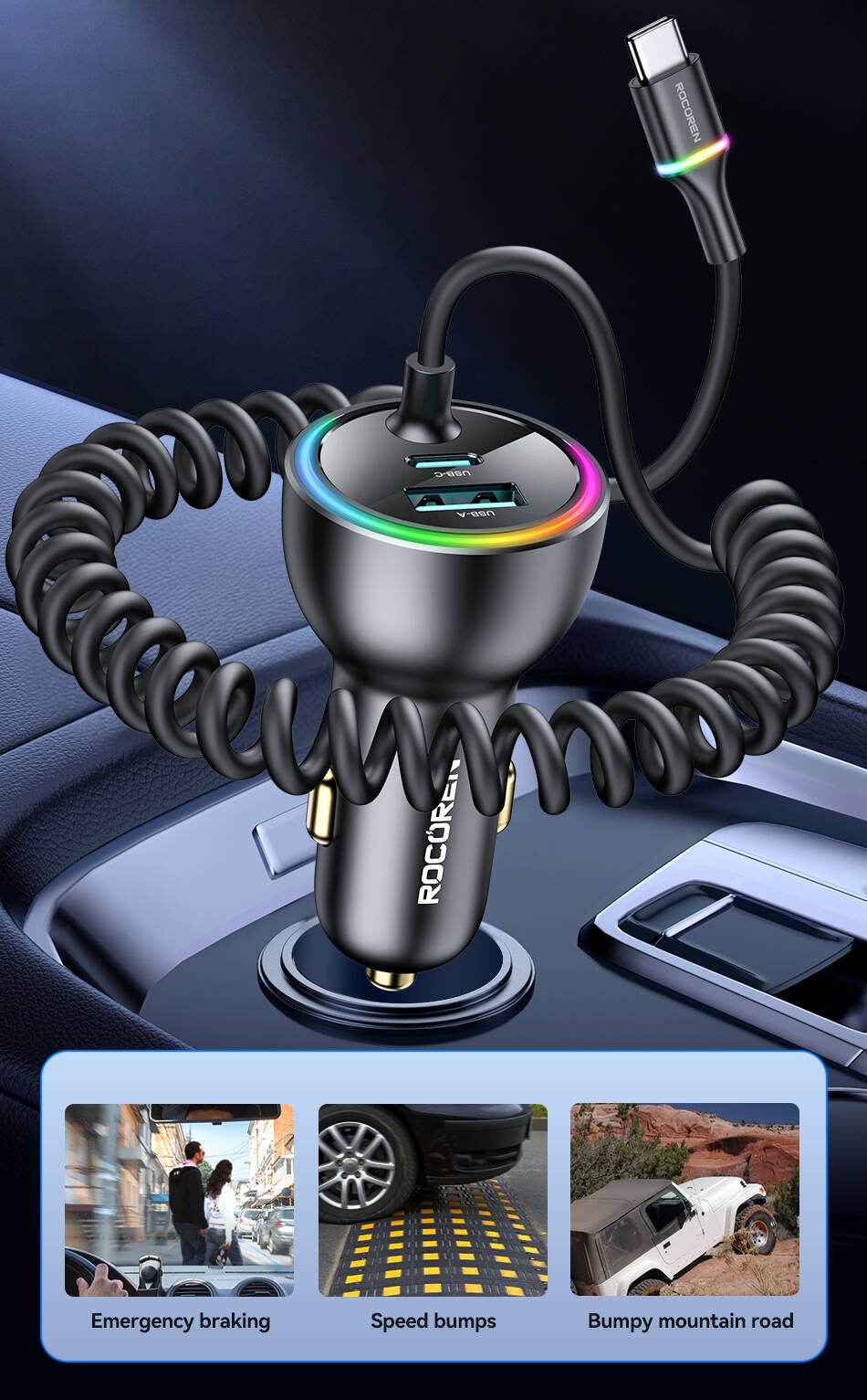 Sb6a31d03c11a40f39cf323f75a62dfa8Y Rocoren Chargeur de Voiture 70W USB-C avec Câble LED