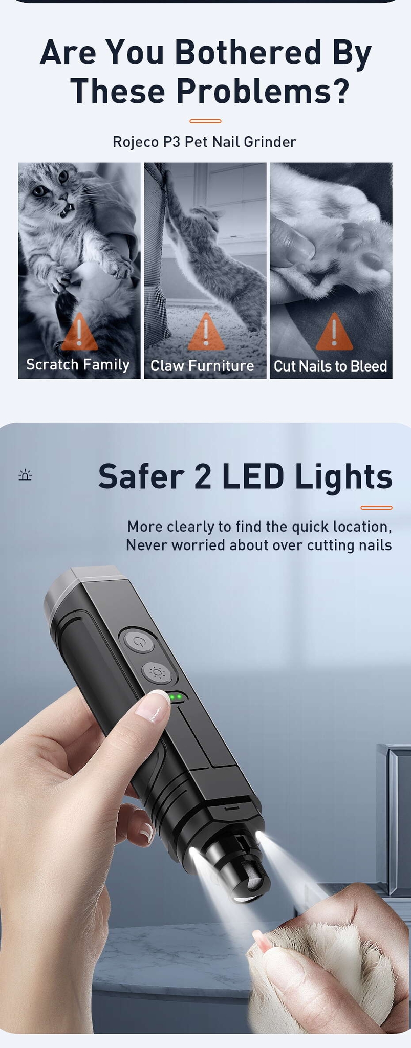 017f1e7f041ed7d1959050c3c644dcb5 ROJECO P3 Broyeur à ongles électrique pour animaux de compagnie avec 2 lumières LED