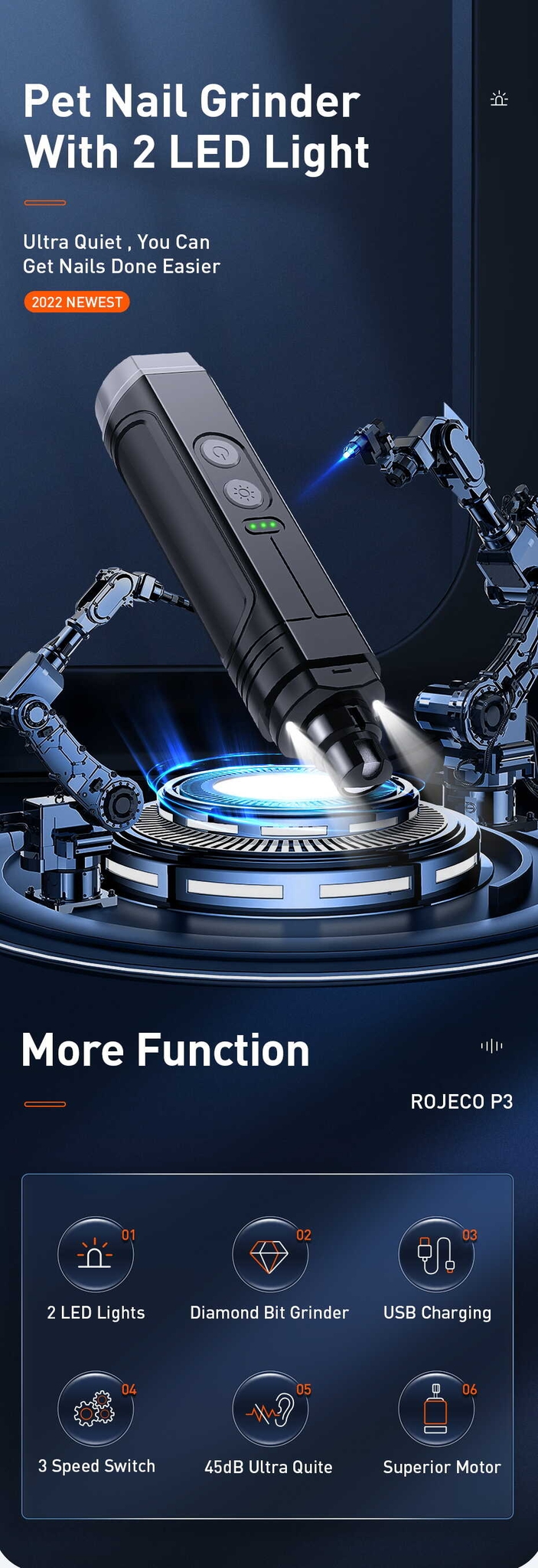 81e8641734bd9837967515084f77d106 ROJECO P3 Broyeur à ongles électrique pour animaux de compagnie avec 2 lumières LED