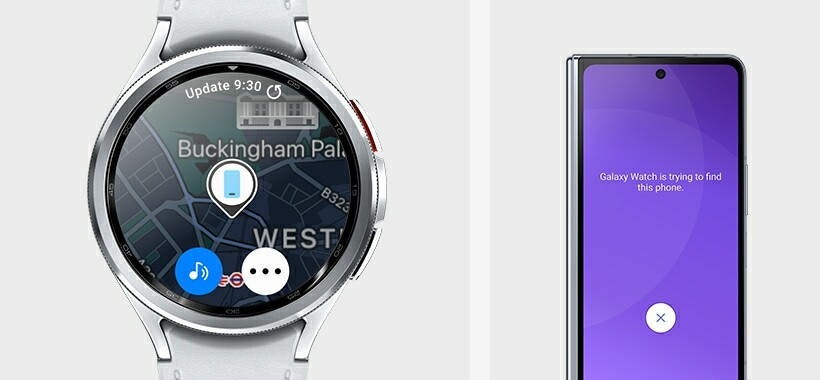 La Galaxy Watch6 Classic peut être vue, affichant l’écran Localiser mon téléphone. Le Galaxy Z Fold5 affichant le texte « Trouver votre téléphone... » avec une icône de recherche et un bouton « Ignorer » est également visible, pour indiquer que vous pouvez localiser votre téléphone directement depuis votre montre.