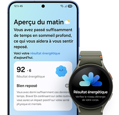 Galaxy S25 plus vu depuis l’écran principal. Now Brief est actif. The Morning Insight montre l’Energy Score du jour qui a également été synchronisé avec la Galaxy Watch.