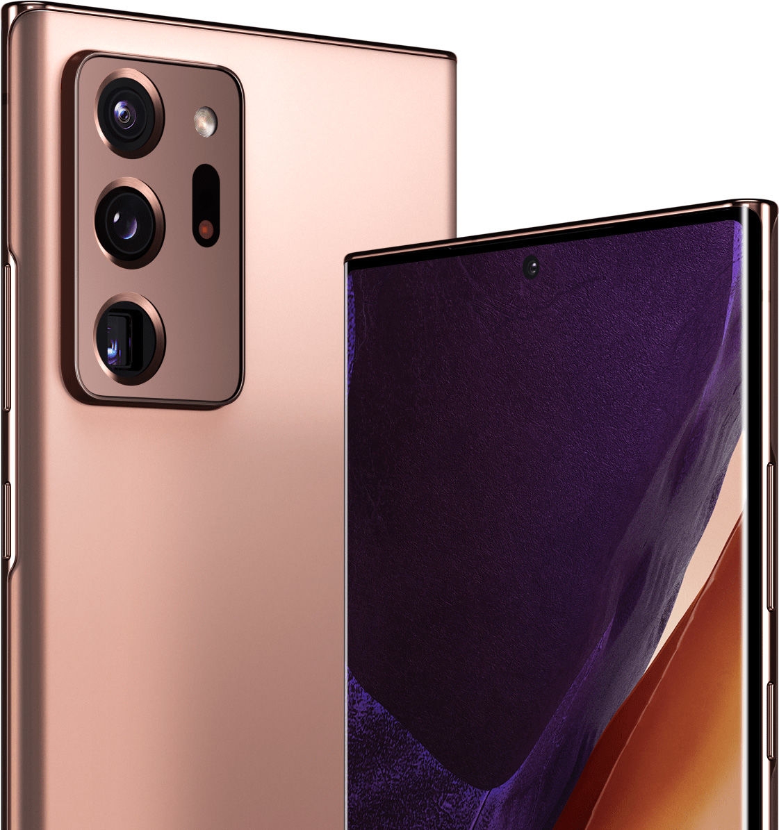 Deux téléphones Galaxy Note20 en Mystic Bronze, l'un vu de dos et l'autre de face. Celui vu de face affiche un fond d'écran graphique et une légende pour l’appareil photo selfie 10 MP. Le téléphone vu de dos dispose de légendes pour l’appareil photo ultra grand angle 12 MP, l’appareil photo grand angle 108 MP, l’appareil photo téléobjectif 12 MP et le capteur laser de mise au point automatique.