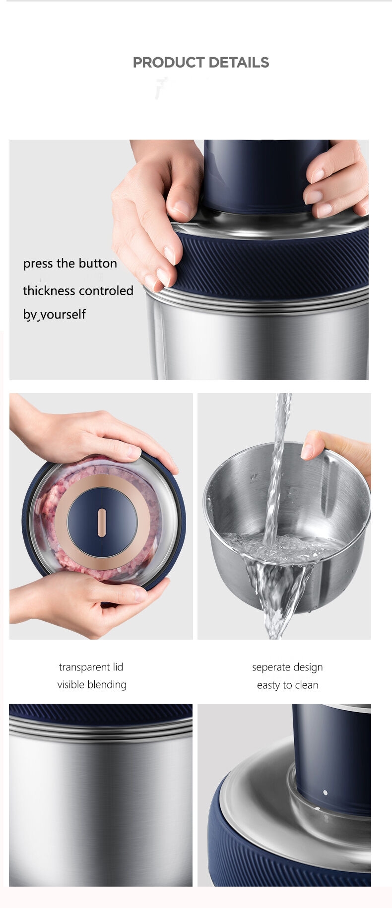 Hachoir électrique 300W Avec 2 Bols (3L Transparent + 3L Inox) - 2 Lames Inox, 3 Vitesses - Pour Viande, Légumes, Fruits