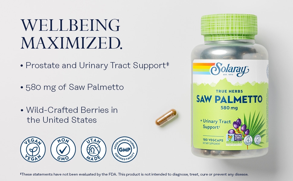 Solaray Saw Palmetto Berry 580mg Healthy Prostate Support Fatty Acids Plant Sterols 180 VegCaps