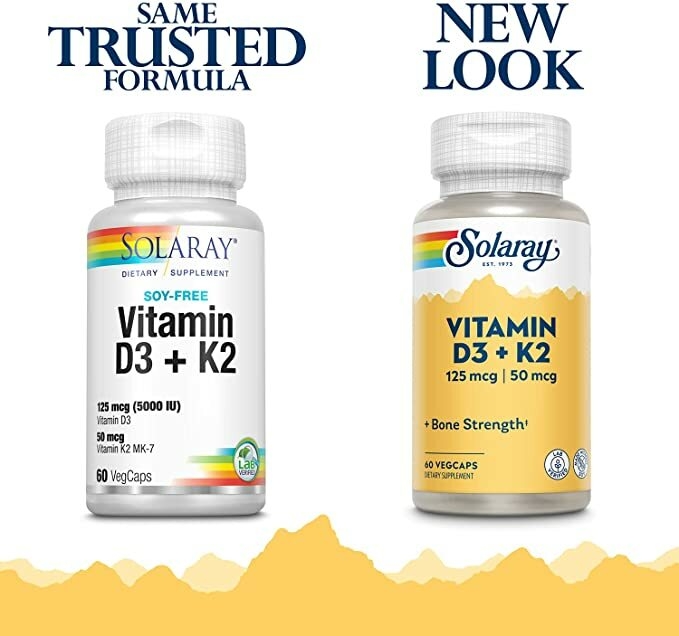 Amazon.com: Solaray Vitamin D3 + K2 - for Immune Support, Calcium Absorption, and Support for Healthy Cardiovascular System & Arteries - Non-GMO & No Soy - 60 CT : Health & Household