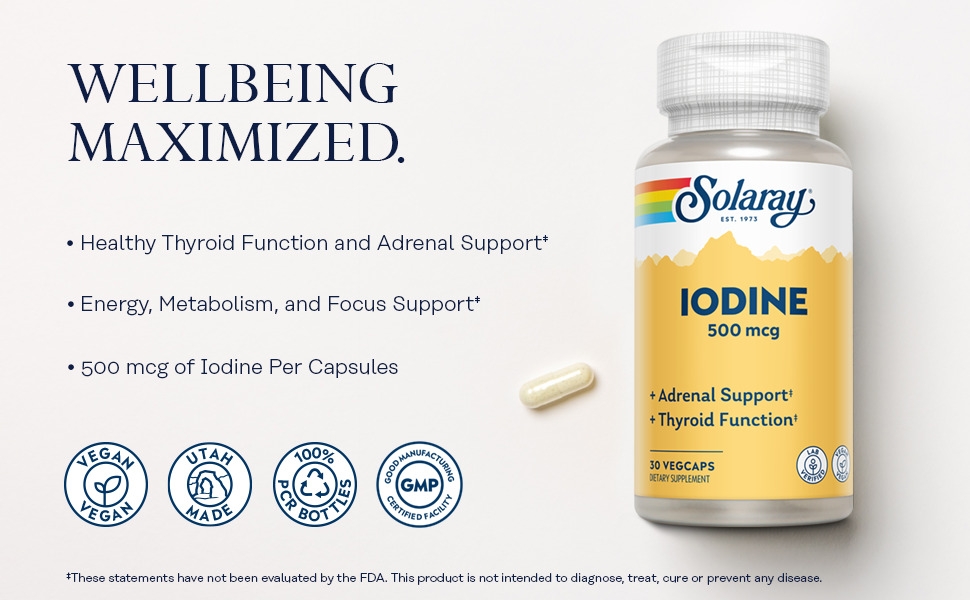 Supplément d'iode et d'iodure de potassium, comprimés, capsules, soutien thyroïdien, 500 mcg, 500 mcg de minéraux