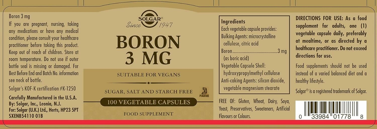 Solgar Boron 3 mg Vegetable Capsules - Food Supplement, Pack of 100 - Vegan, Gluten Free : Amazon.co.uk: Health & Personal Care