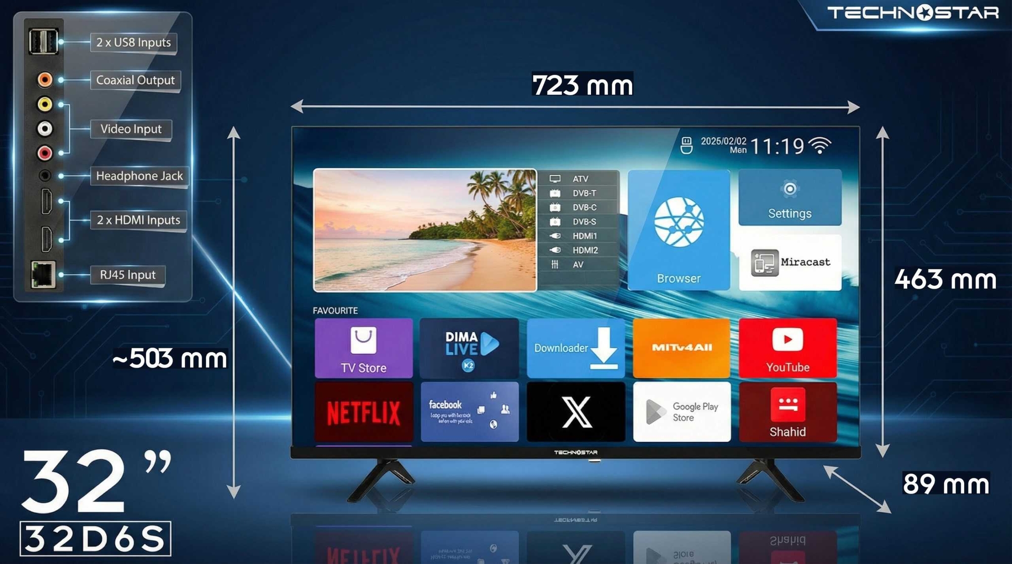Technostar TV 32 HD SMART TV 32DS6 ANDROID 14