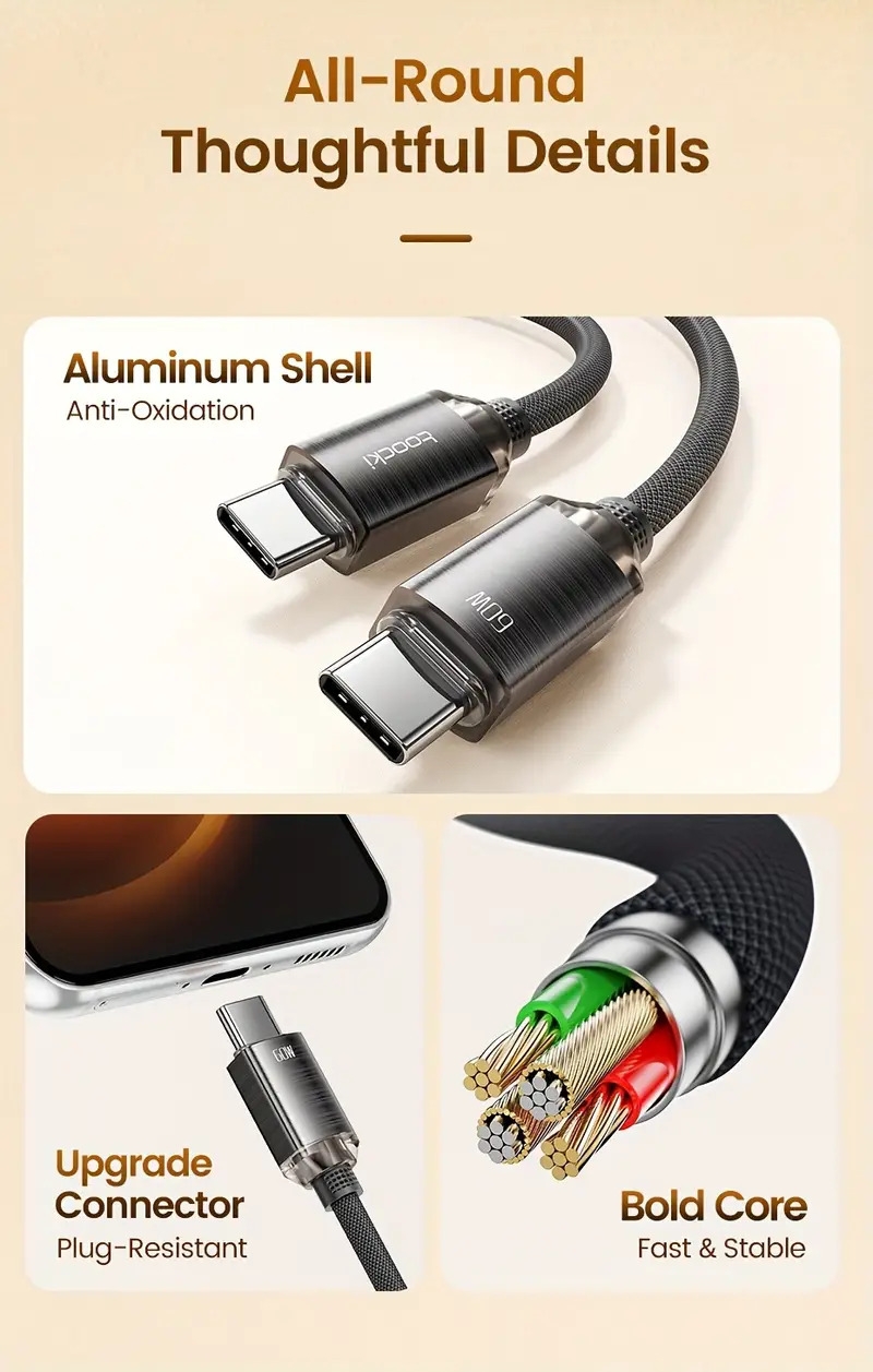   câble de données usb-c vers usb-c en   daluminium 60w, charge rapide avec     intégrée anti-chauffage et   dommager  ,   xiaomi/ /ordinateur portable, transfert de données usb2.0 Détails du produit 8