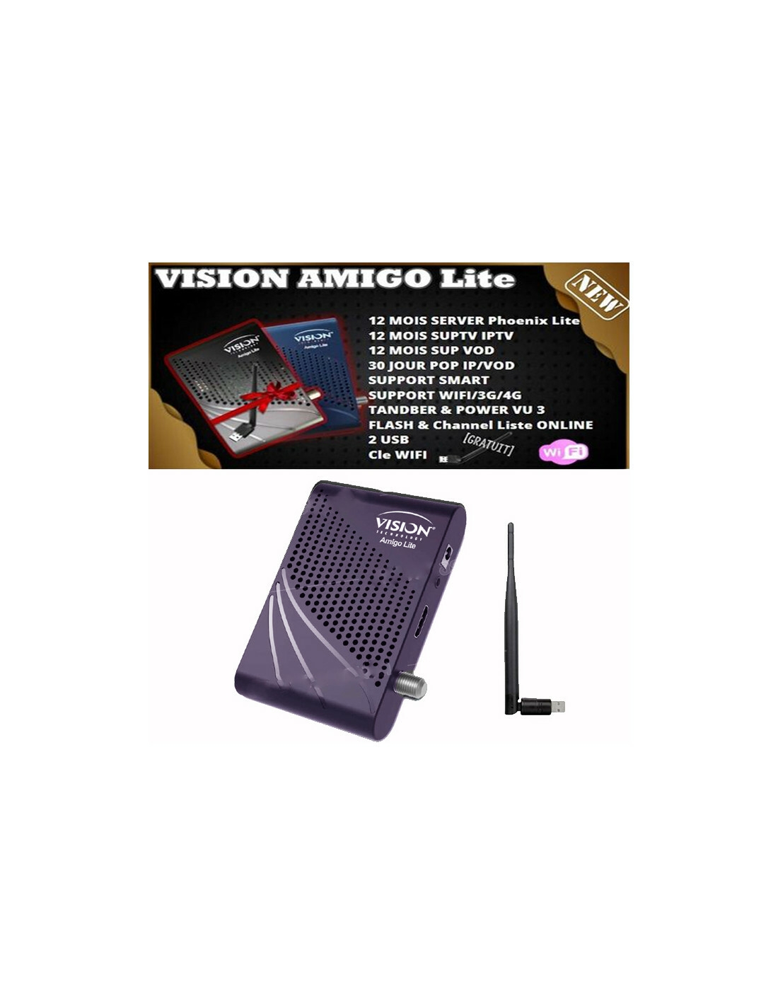 Vision Amigo lite Récepteur Numérique support 3G/4G + Clé wifi - Noir