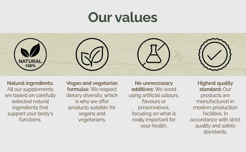 Infographic displaying four product values: natural ingredients, vegan and vegetarian formulas, no unnecessary additives, and highest quality standards. Each value is represented by an icon and brief explanation.